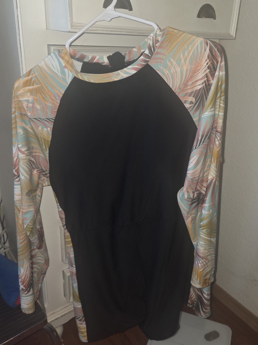 Boden Black Swim Top with Mint and Coral Tropical Print